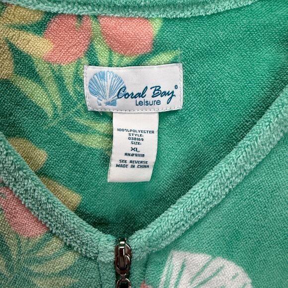 Coral Bay Leisure Swim Cover Up Robe Size XL Green Floral Terry Short Sleeve Zip - Picture 4 of 6
